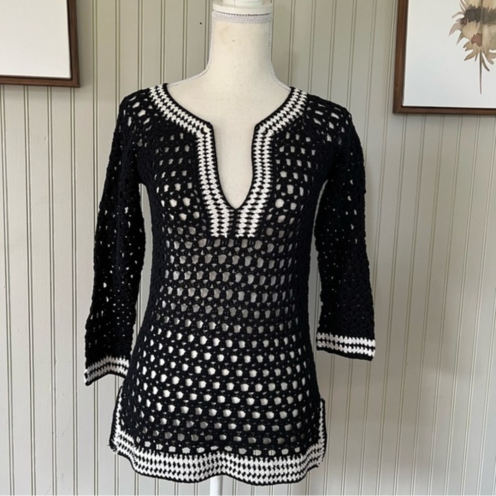 Catherine Malandrino Open Knit Black and White Tunic Top